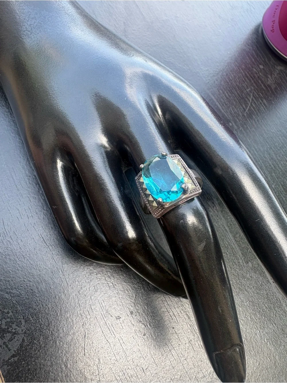 Sterling Silver Statement Ring with Blue Gemstone - Size 7.5